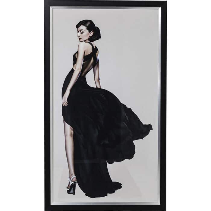 Tall black wood framed portrait print of a woman in a flowing black gown