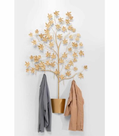 Gold metal tree-shaped wall coat hanger with leaf details and hooks