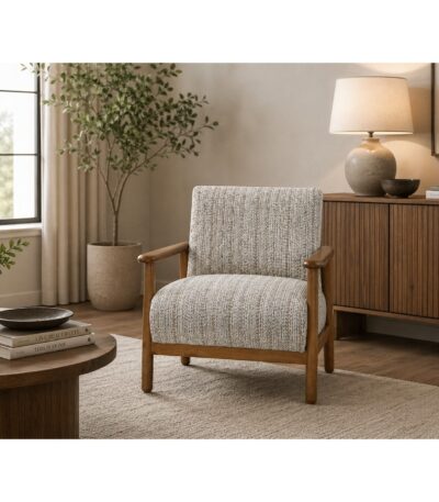 Warm oatmeal chenille accent chair with exposed wooden frame and rounded arms