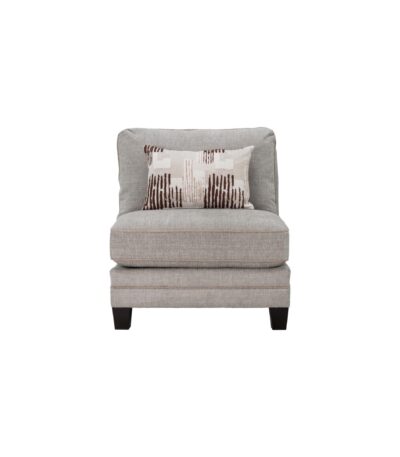 Warm greige fabric armless chair with deep seat and geometric scatter cushion