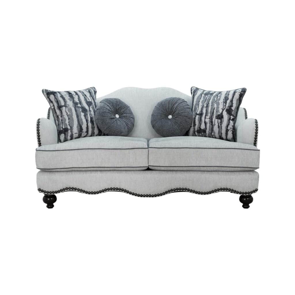 Dove grey fabric camelback loveseat with nailhead trim and bun feet — view 2