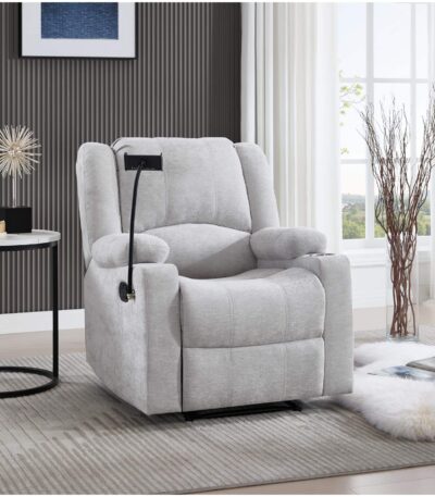 Warm grey fabric manual recliner chair with cup holder and phone holder