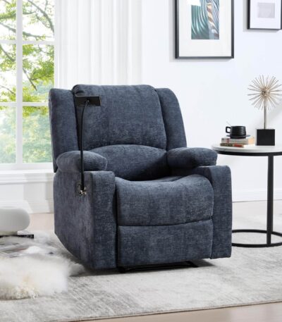 Slate Blue fabric manual recliner chair with phone holder and cup holders