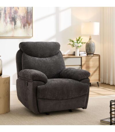 Charcoal grey fabric rocker recliner with pillow-top arms and manual side lever