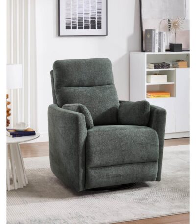 Dark Grey fabric rocker recliner with swivel base and built-in cup holder