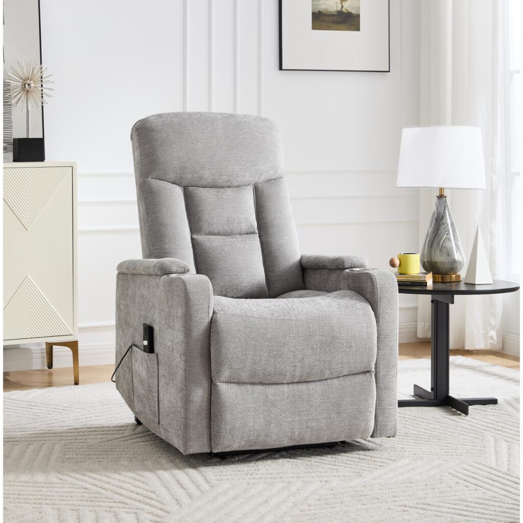 Beige fabric power recliner with cup holders and remote-controlled recline