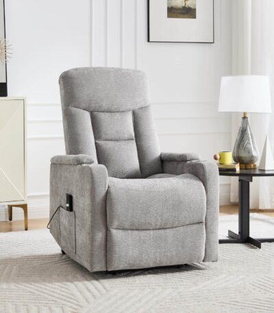 Beige fabric power recliner with cup holders and remote-controlled recline