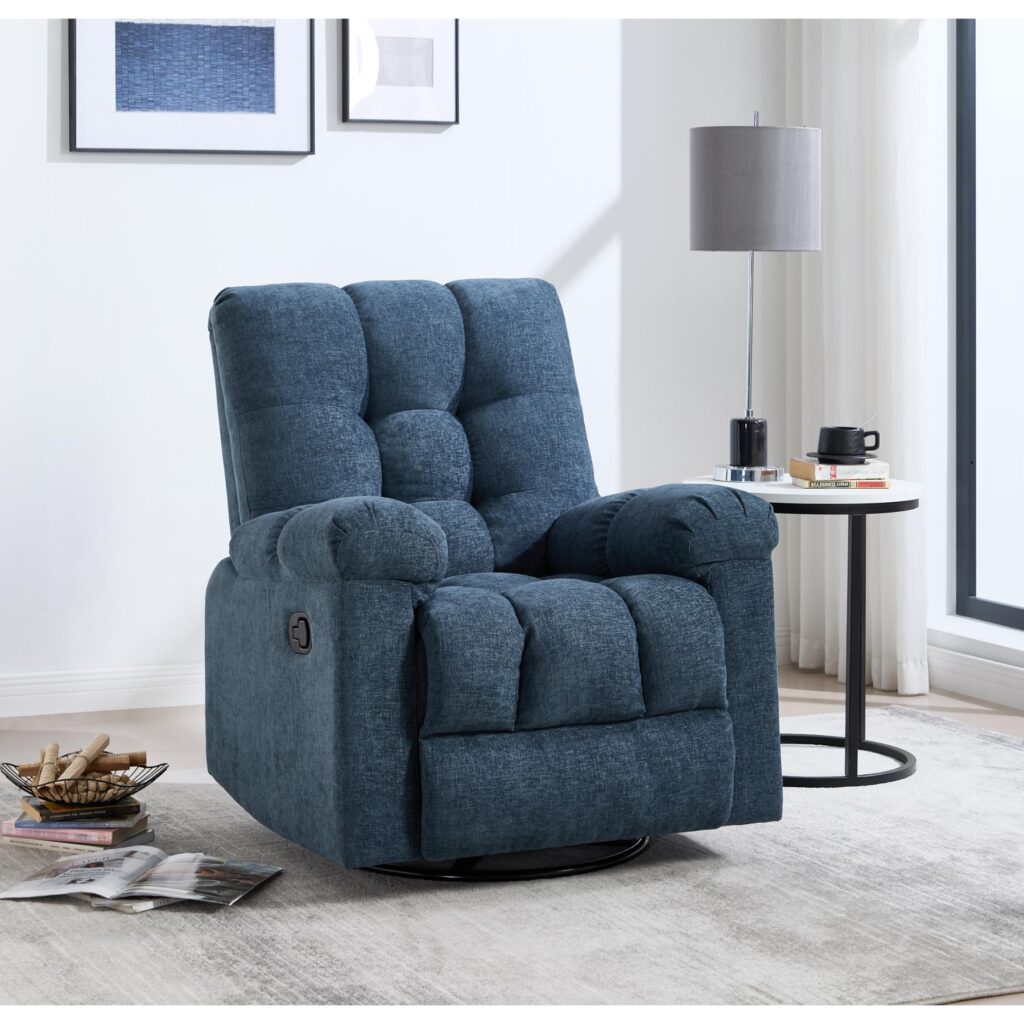 Denim blue fabric rocker and swivel recliner with tufted back and pillow-top arms