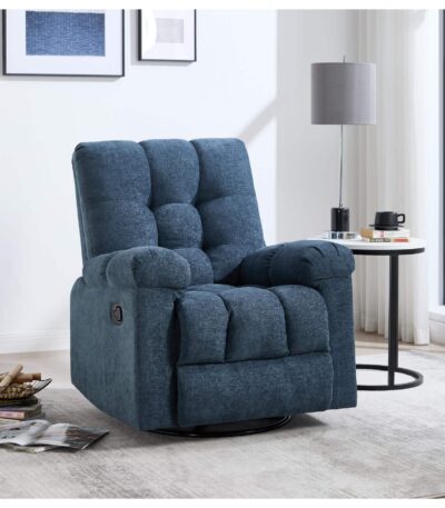 Denim blue fabric rocker and swivel recliner with tufted back and pillow-top arms