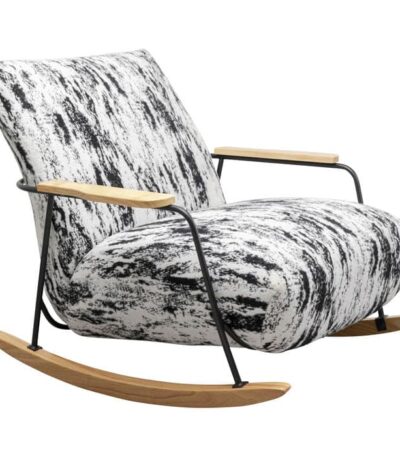 Black and white patterned fabric rocking arm chair with oak armrests and rockers — view 3