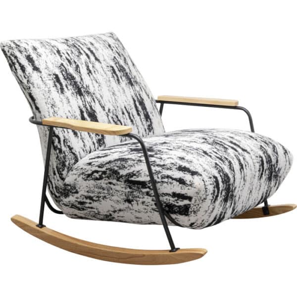 Black and white patterned fabric rocking arm chair with oak armrests and rockers — view 3