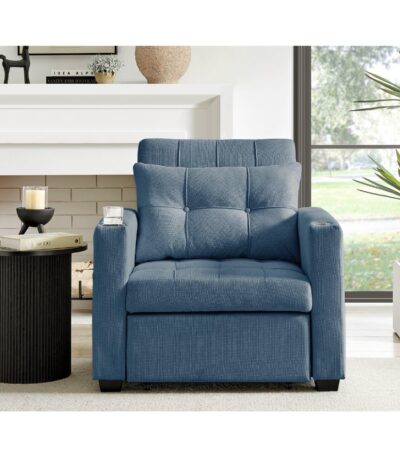 Steel Blue fabric sleeper chair with pull-out bed and tufted cushions