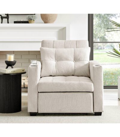 Warm ivory fabric sleeper chair with tufted seat and pull-out bed