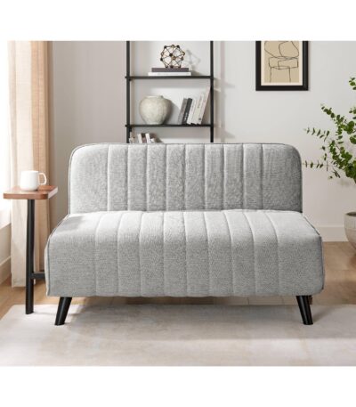 Ash grey fabric sleeper loveseat with channel stitching and built-in side table