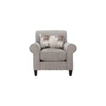 Warm greige fabric sofa chair with rolled arms and patterned scatter cushion