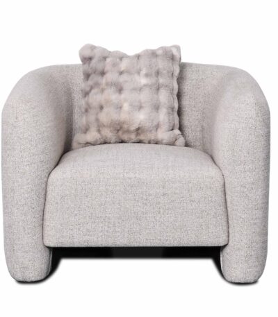 Warm grey fabric sofa chair with rolled arms and faux-fur scatter cushion