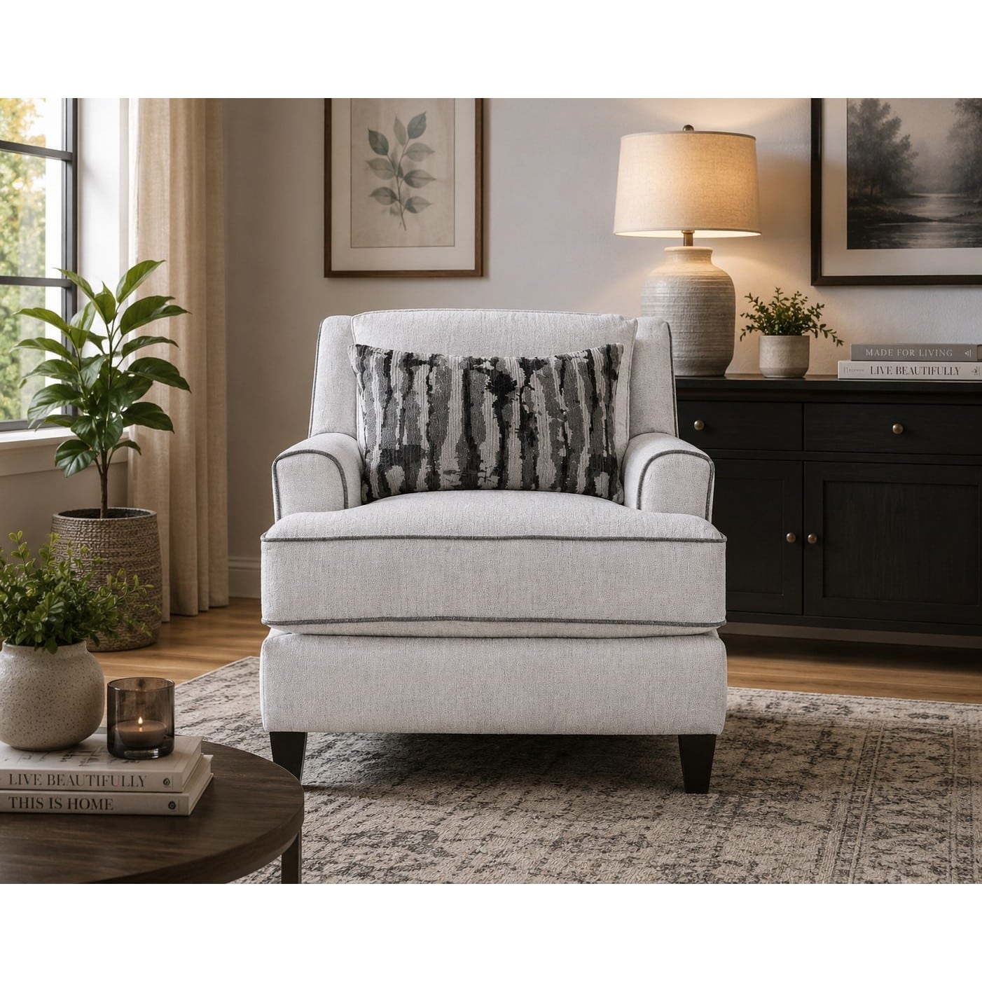 54-30-00335-2.jpg Warm oatmeal fabric sofa chair with charcoal piping and striped scatter cushion