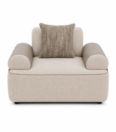 Warm oatmeal fabric sofa chair with taupe faux-leather bolster arms — view 2