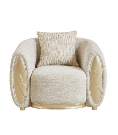 Warm oatmeal fabric sofa chair with champagne gold accent panels and bun feet