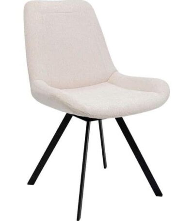 Warm beige fabric swivel accent chair with angled black metal legs
