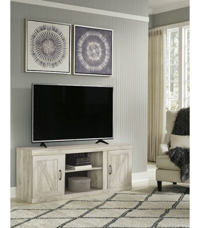 White Maple TV stand with barn door cabinets and open cable-management shelf
