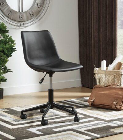Black faux leather swivel office chair with adjustable height and rolling casters