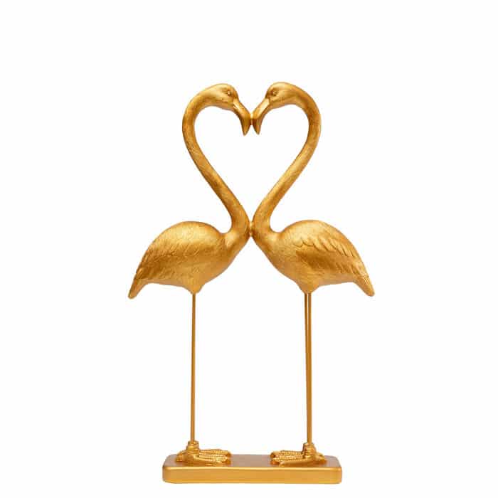 Gold resin flamingo love figurine forming a heart shape on rectangular base