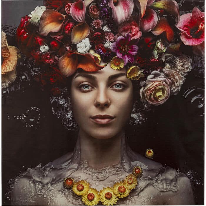 Large square canvas wall art of a floral-crowned woman portrait in Multi Colour tones