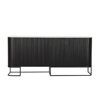 Black fluted sideboard with white marble-look top and metal base