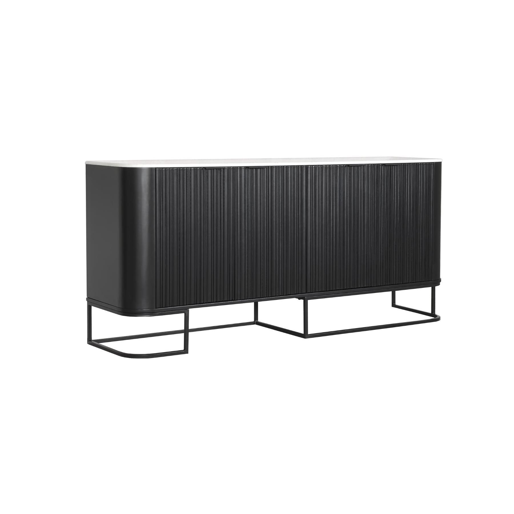 42-30-00378-3.jpg Black fluted sideboard with white marble-look top and metal base — view 2