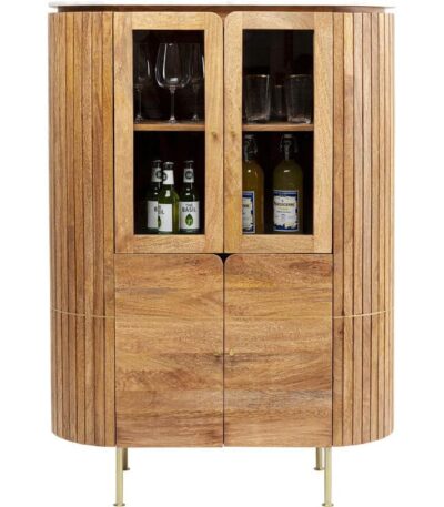 Fluted wood floor cabinet with marble top and glass display doors on brass-toned legs — view 3