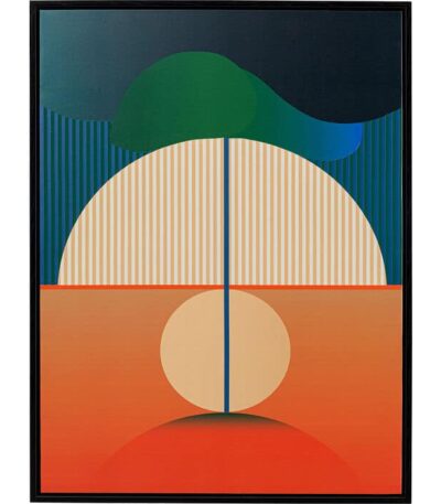 Framed abstract sunrise canvas wall art in teal orange and green tones