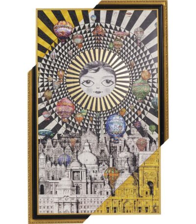 Framed wall art with sunburst face, hot air balloons and cityscape in gold and black frame