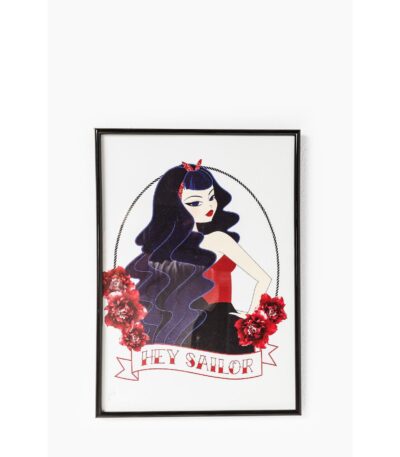 Framed pin-up illustration print with red peonies in a matte black frame reading Hey Sailor