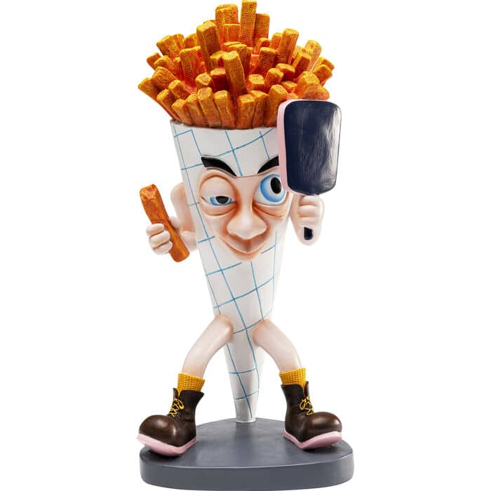 Gold and white resin French fries character figurine ornament with paddle
