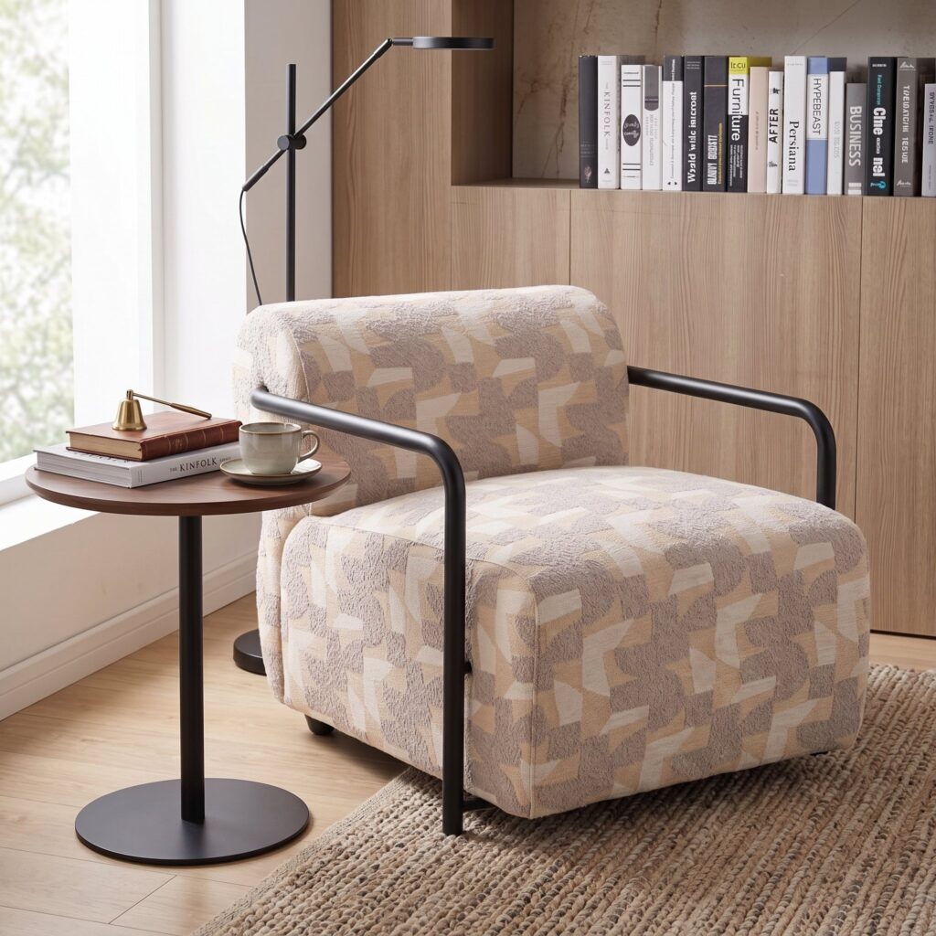 Warm sand boucle sofa chair with geometric pattern and exposed black metal frame — view 2