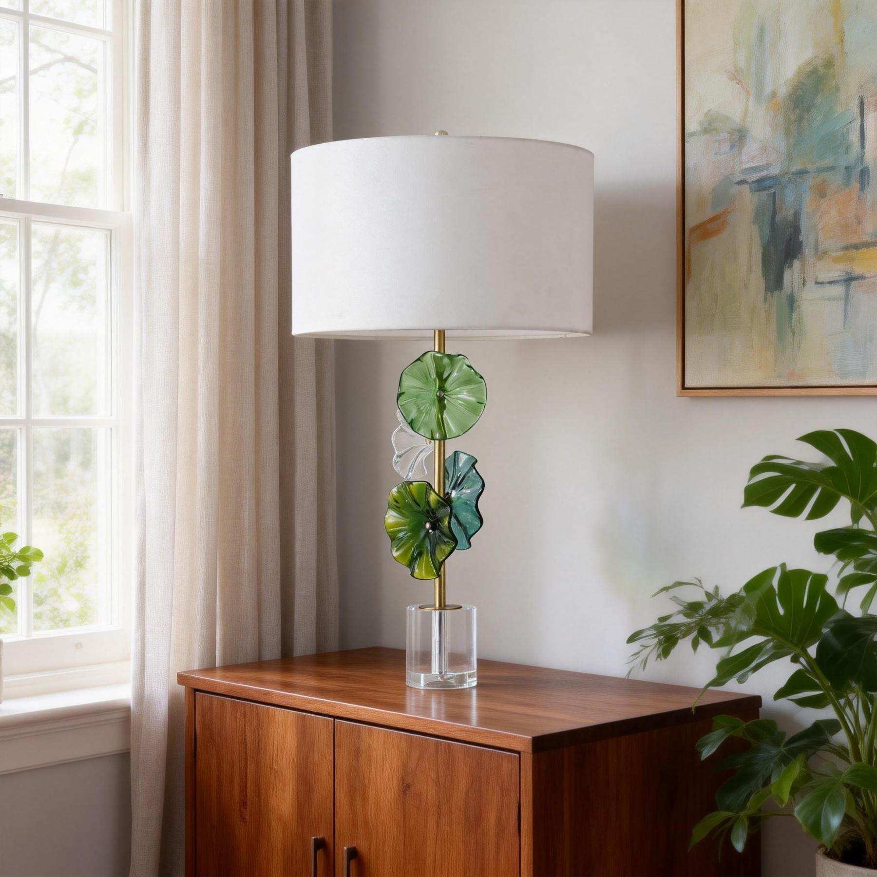 10-30-02788-2.jpg Glass lily-pad table lamp in green tones with crystal base and white fabric drum shade