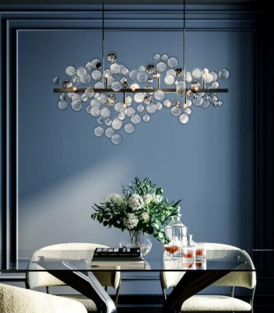 Ceiling pendant lamp with clustered clear glass discs on a black metal frame — view 2