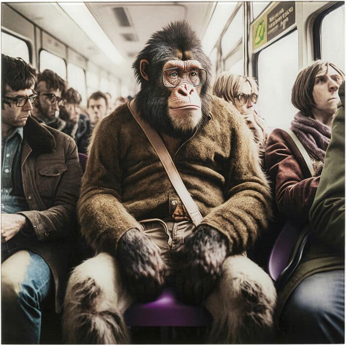 Glass photo panel of a bespectacled monkey commuter on a subway, square wall art