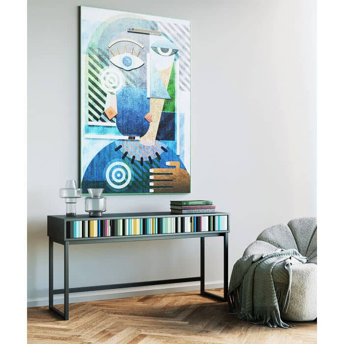 Black gloss sideboard with colourful book-spine drawer front on slim metal legs — view 4