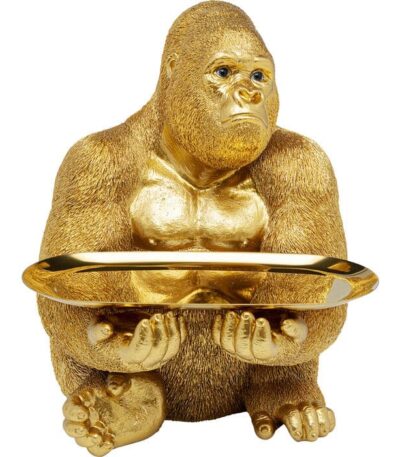 Gold polyresin gorilla butler figurine holding an oval tray