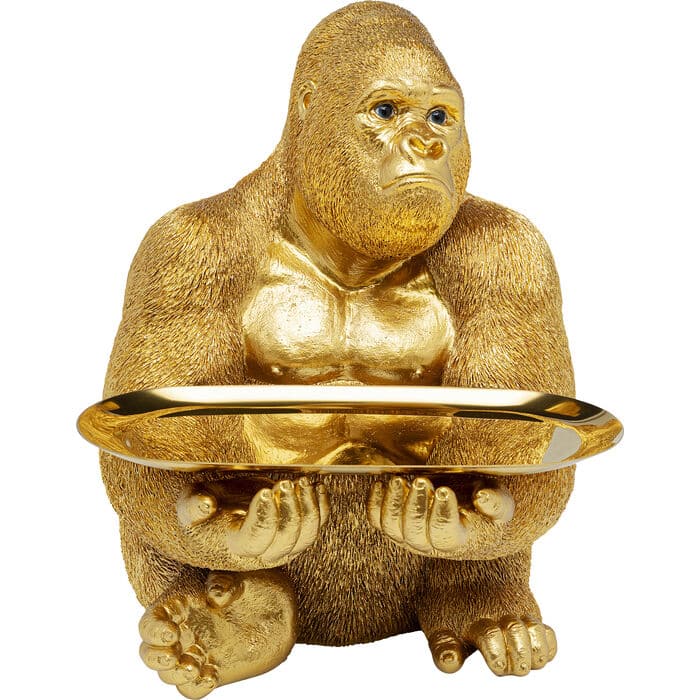 Gold polyresin gorilla butler figurine holding an oval tray