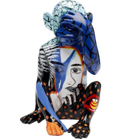 Hand-painted graffiti-art monkey figurine in glossy blue multicolour resin
