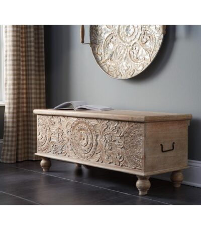 Hand-carved solid wood storage bench in Antique White with hinged lid and black metal handles
