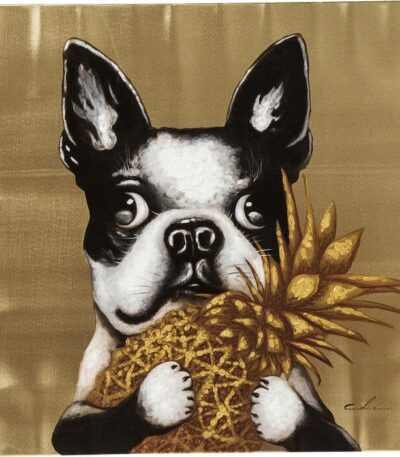 Gold canvas wall art of a Boston terrier holding a metallic pineapple