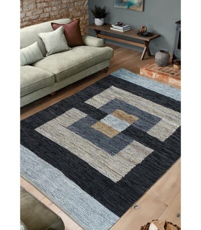 Handwoven cotton dhurry rug with geometric charcoal grey and beige pattern