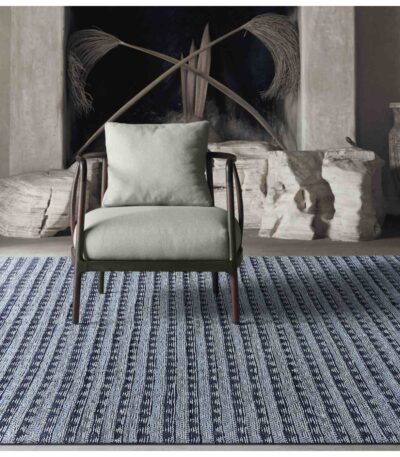 Handwoven cotton dhurry rug in indigo and grey stripe pattern