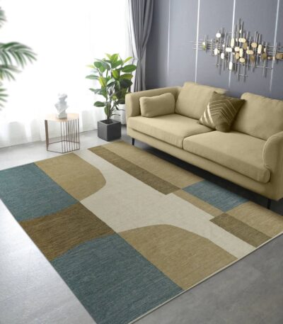 Handwoven cotton dhurry rug in khaki ivory and teal abstract block design