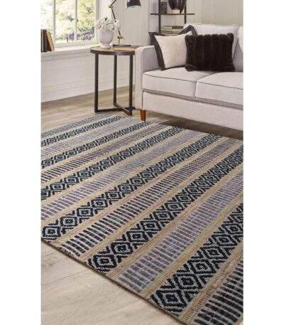 Handwoven cotton dhurry rug with navy grey and beige striped diamond pattern