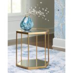 Hexagonal gold-finished accent table with clear glass top and mirrored lower shelf